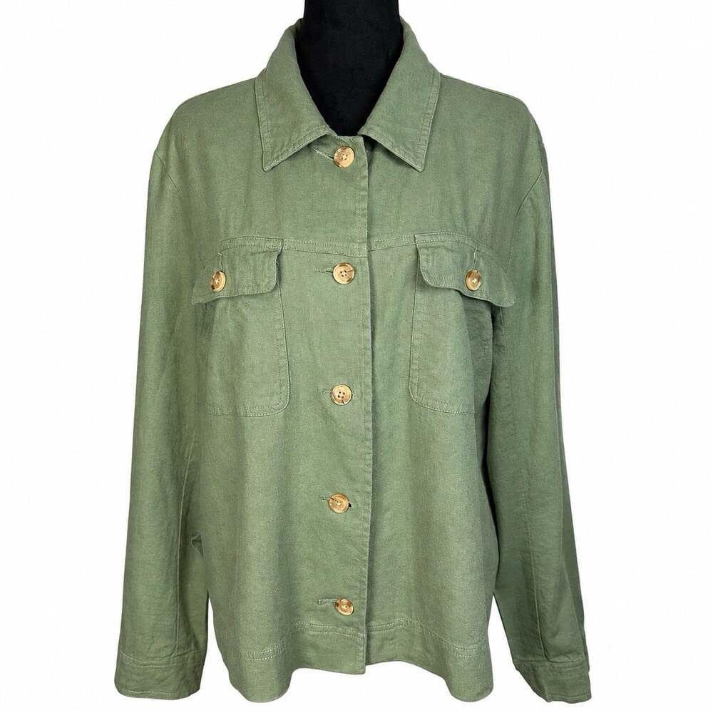 Lucky Brand Linen Blend Sage Green Jacket Boxy Fit Button Front  Size Large